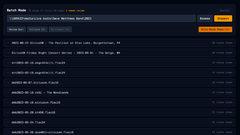 Batch Mode — 23 shows ready, 1 needs review